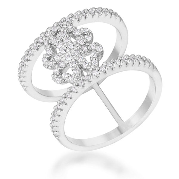 Contemporary clover wrap ring in rhodium plated over lead free alloy (brass) with round 1 Mm cubic zirconia in prongs