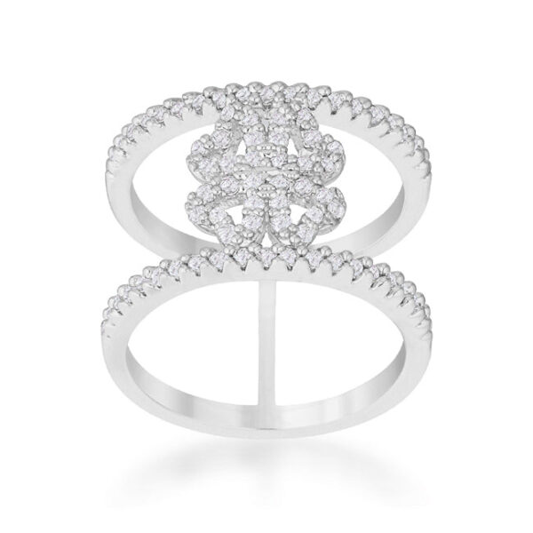 Clover wrap ring in rhodium plated over lead free alloy (brass), with round cubic zirconia held in prongs
