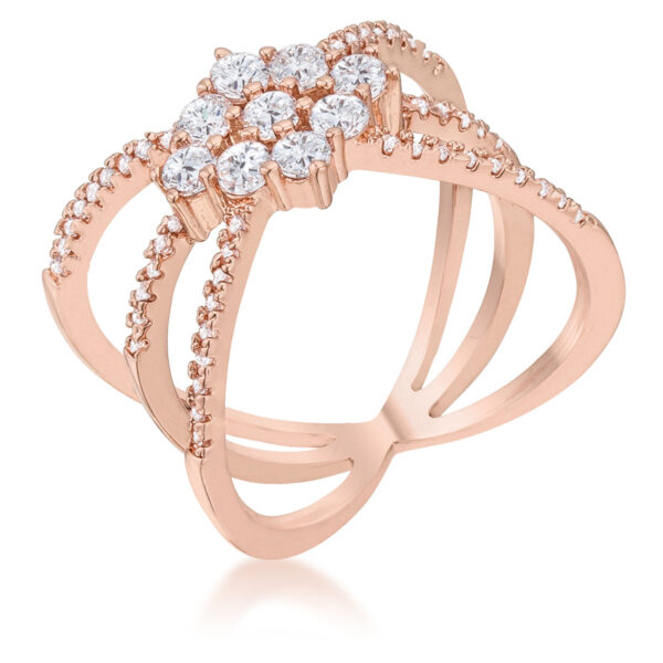 Triple wrap ring in rose gold tone over lead free alloy (brass) with round Aurora Borealis cubic zirconia in prongs.