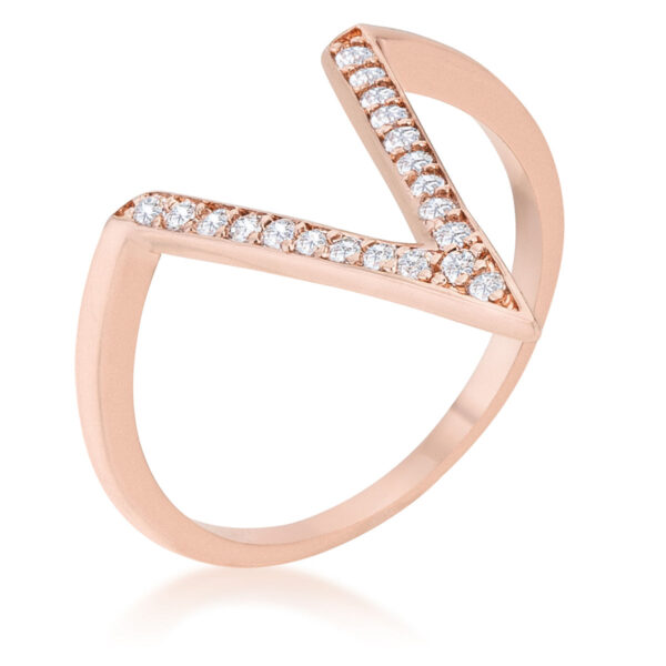 Rosegold plated over lead free alloy (brass) V-shape ring with round cubic zirconia in prongs.
