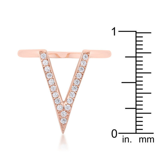 Contemporary V-shape ring in rosegold plated over lead free alloy (brass) with cubic zirconia.