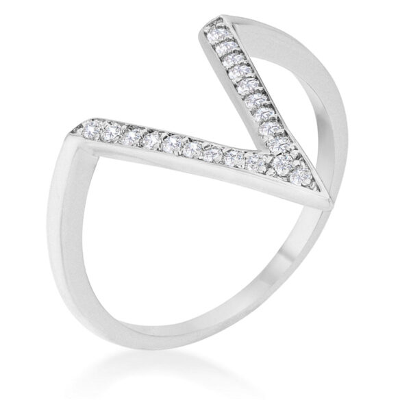 V-shape ring in rhodium plated over lead free alloy (brass) with round cubic zirconia in prongs.