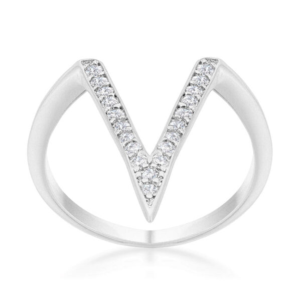 Contemporary V-shape ring, rhodium plated over lead free alloy (brass), with round 1.3 Mm cubic zirconia.