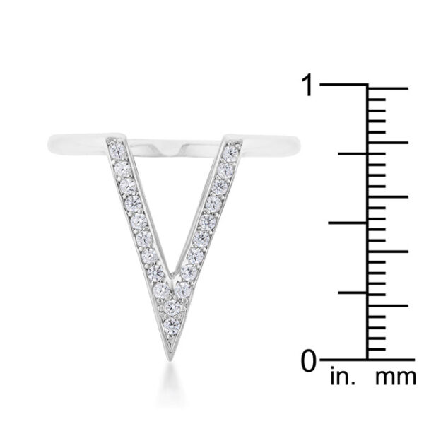 Round cubic zirconia in prongs on a rhodium plated over lead free alloy (brass) V-shape ring.
