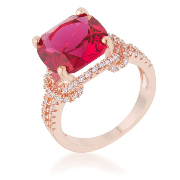 Classic statement ring in rose gold tone over lead free alloy (brass) with ruby-colored cubic zirconia in a prong setting.