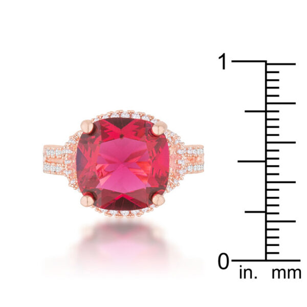 Ruby-colored cubic zirconia statement ring with Cushion and Round cuts, an 11.5 Mm stone size, and a prong setting.