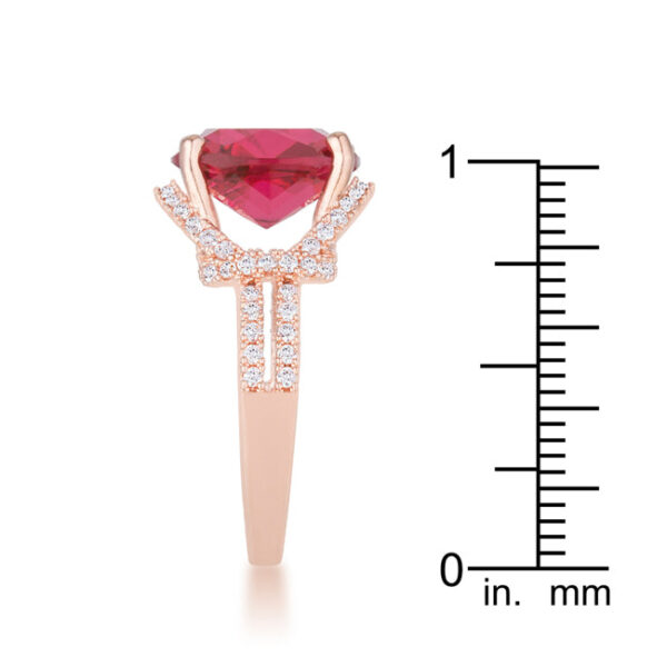 Classic statement ring in rose gold tone over lead free alloy (brass) with Cushion and Round cubic zirconia.