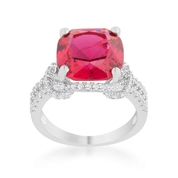 Classic statement ring with a round 11.5 Mm ruby-colored cubic zirconia held in a prong setting.