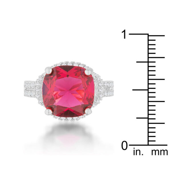 Rhodium plated over lead free alloy (brass) ring with 6.2 ct ruby-colored cubic zirconia.