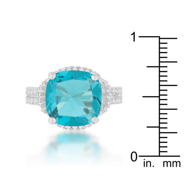 Classic aqua cubic zirconia statement ring, rhodium plated over lead free alloy (brass), with prong-set cushion and round cuts.