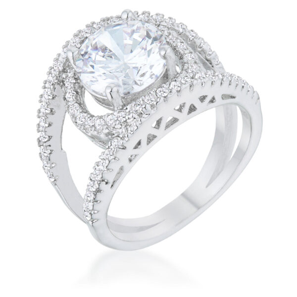 Contemporary ring with round cubic zirconia in prongs and rhodium plated over lead free alloy (brass).
