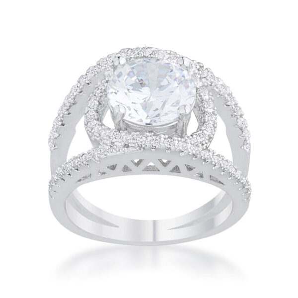 Contemporary rhodium plated over lead free alloy (brass) ring with round prong-set cubic zirconia.