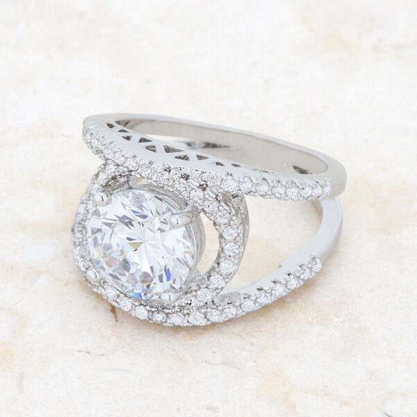 Contemporary ring measuring 3.3mm wide, rhodium plated over lead free alloy (brass), with cubic zirconia.