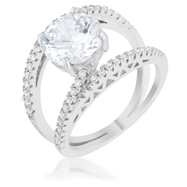 Clear round 1 Mm cubic zirconia ring in prongs with 3 ct total carat weight and rhodium plated over lead free alloy (brass).