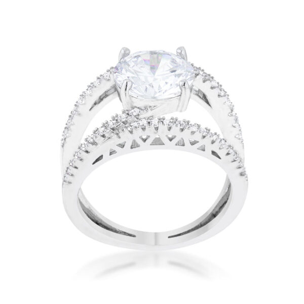 Classic contemporary ring with clear round 1 Mm cubic zirconia in prongs and rhodium plated over lead free alloy (brass).