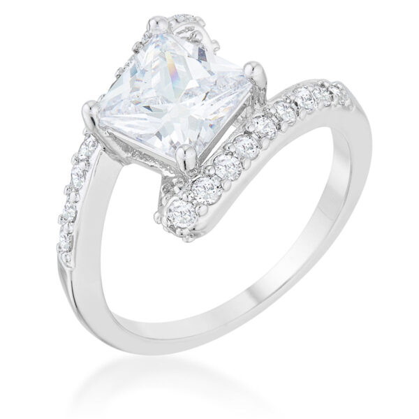 Rhodium plated over lead free alloy (brass) statement ring with round 7 Mm cubic zirconia held in prongs.
