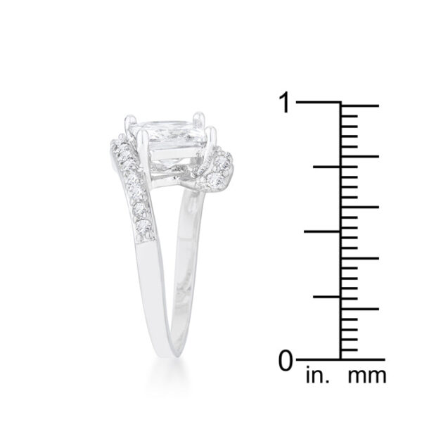 Contemporary statement ring in rhodium plated over lead free alloy (brass) with cubic zirconia in prongs.