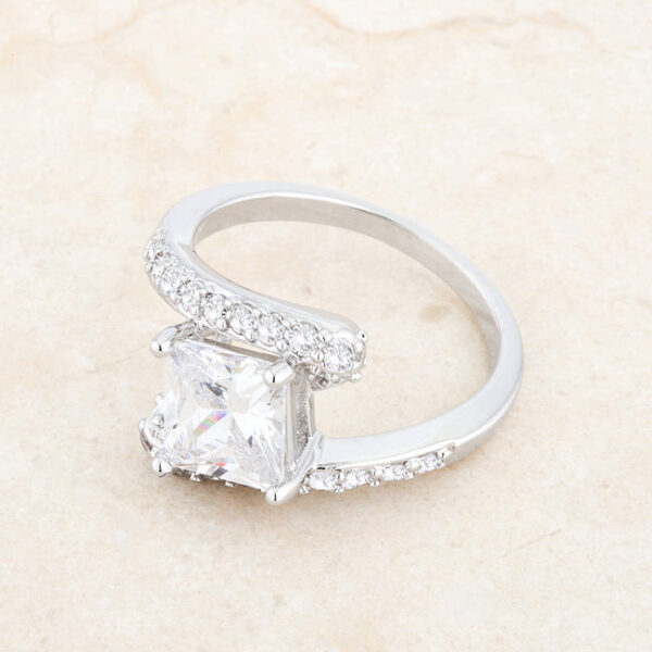 Rhodium plated over lead free alloy (brass) bridal statement ring with 2.3 ct total carat weight.