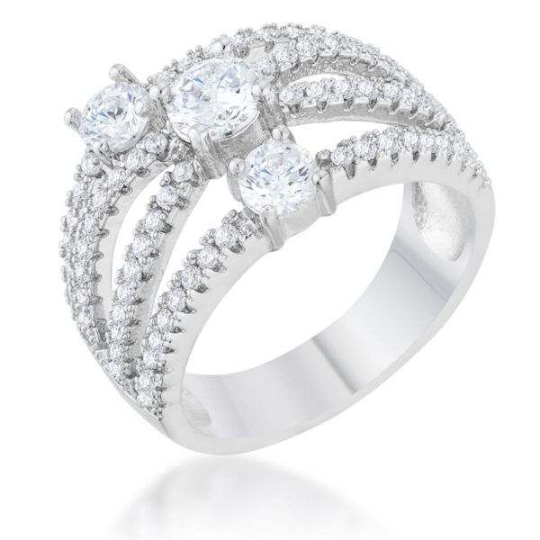 Round 5 Mm cubic zirconia statement ring in prongs with rhodium plated over lead free alloy (brass).