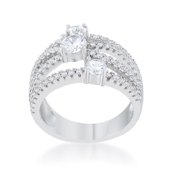 Contemporary statement ring with round cubic zirconia held in prongs and a rhodium plated over lead free alloy (brass) finish.