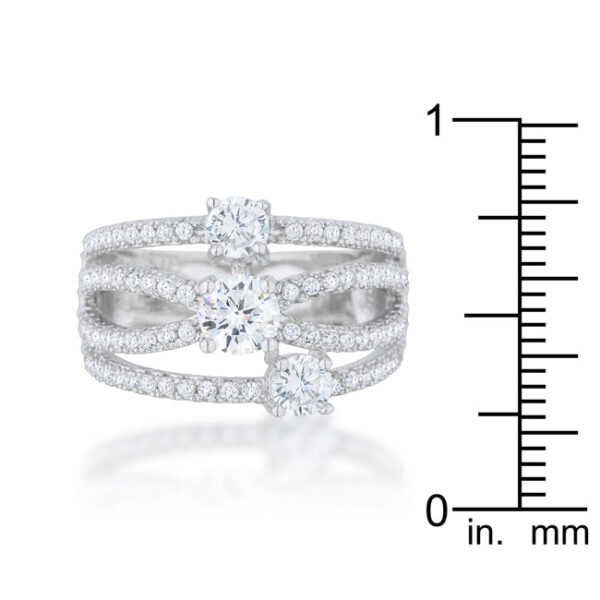 Round 5 Mm cubic zirconia in prongs on a contemporary statement ring.