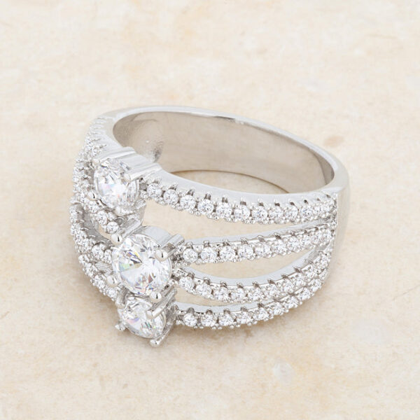 Round cubic zirconia statement ring with a rhodium plated over lead free alloy (brass) finish.