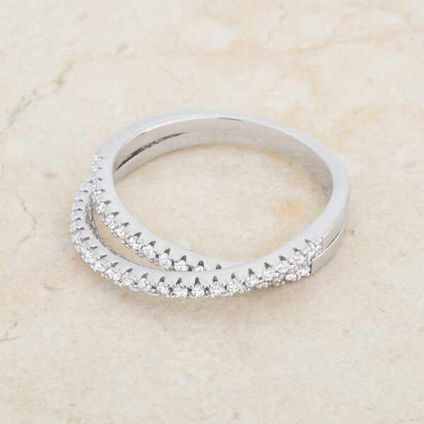 Round cubic zirconia pave-set intertwined ring, rhodium plated over lead free alloy (brass)
