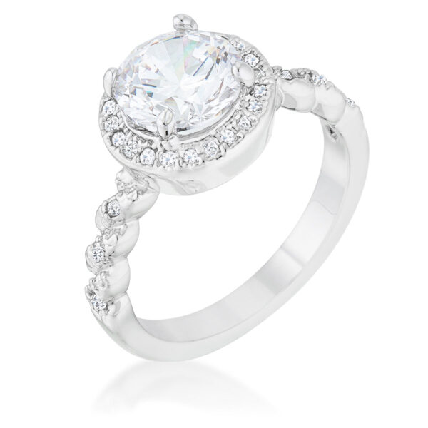Clear round 1 Mm cubic zirconia classic ring in prongs, rhodium plated over lead free alloy (brass).