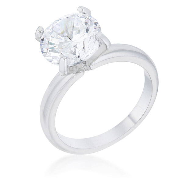 Round 10.5mm cubic zirconia solitaire ring in rhodium plated over lead free alloy (brass), held in prongs.