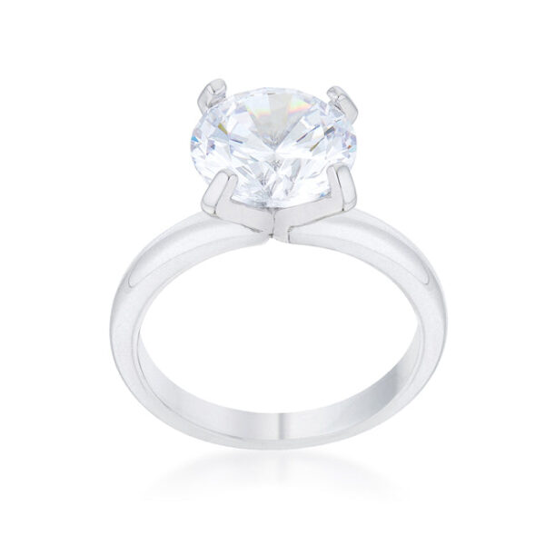 Classic solitaire ring with round cubic zirconia in prongs and rhodium plated over lead free alloy (brass).