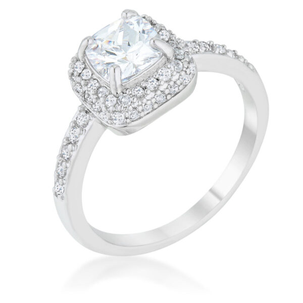 Clear cushion cut cubic zirconia Art Deco ring, rhodium plated over lead free alloy (brass), with 1.5 ct total weight.