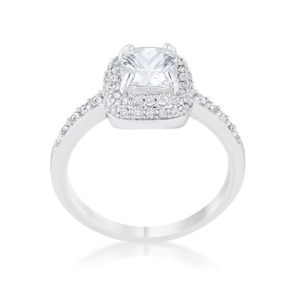 Classic Art Deco ring with clear 1.25 Mm cushion cut cubic zirconia and rhodium plated over lead free alloy (brass).