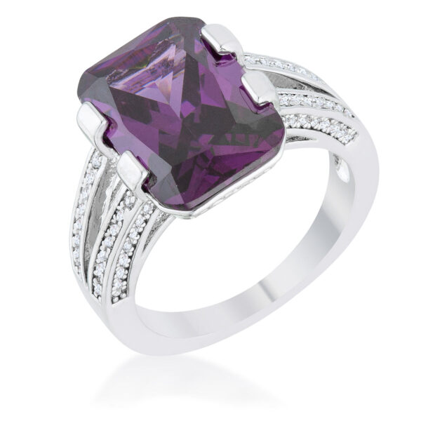 Classic cocktail ring in rhodium plated over lead free alloy (brass) with -cut amethyst-colored cubic zirconia in prongs.