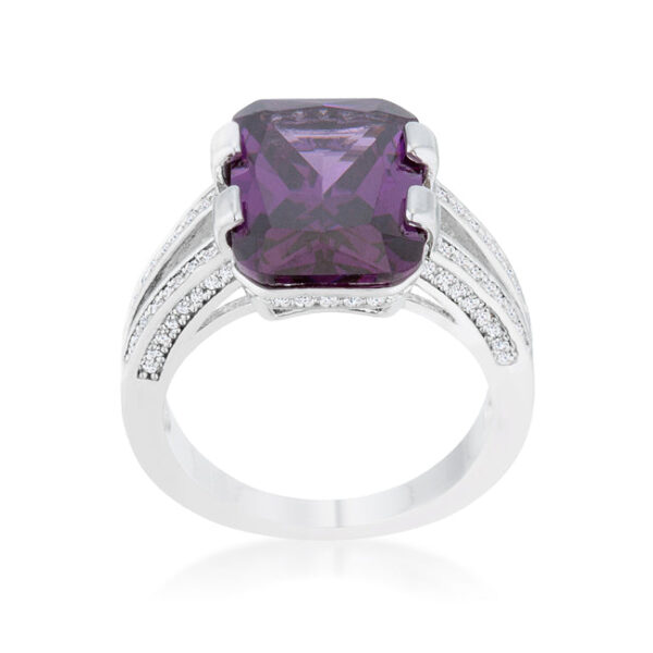 Rhodium plated over lead free alloy (brass) classic cocktail ring with 2.4mm width and amethyst-colored cubic zirconia.