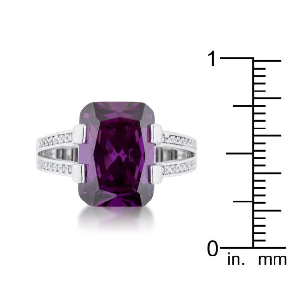 -cut amethyst-colored cubic zirconia in prongs on a rhodium plated over lead free alloy (brass) cocktail ring.