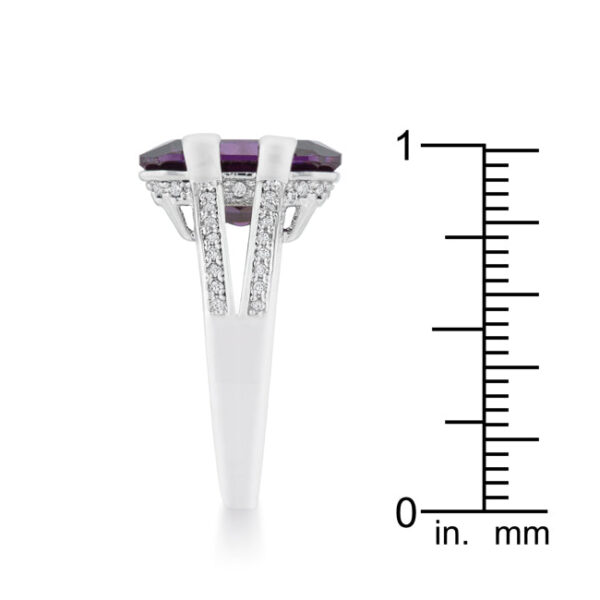 Classic cocktail ring with 8.6 ct total carat weight, amethyst-colored cubic zirconia, and rhodium plated over lead free alloy (brass).