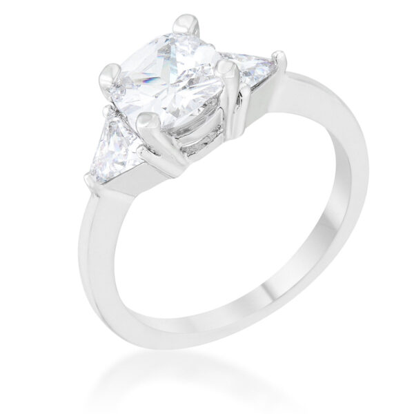 Clear cubic zirconia cushion and trillion cut ring in prong settings, rhodium plated over lead free alloy (brass).