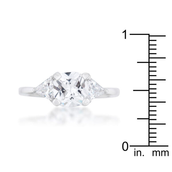 Clear cubic zirconia in cushion and trillion cuts held in prong settings on rhodium plated over lead free alloy (brass).