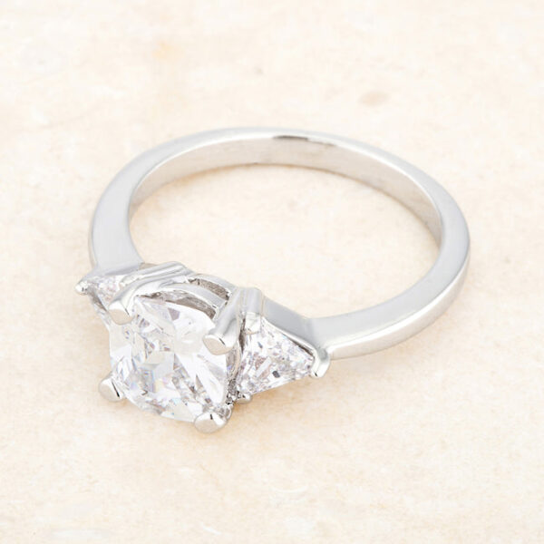 Clear cubic zirconia statement ring with 1.8 ct total carat weight, rhodium plated over lead free alloy (brass).