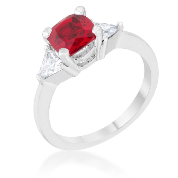 Garnet-colored cubic zirconia ring with cushion and trillion cuts in prong settings, rhodium plated over lead free alloy (brass)