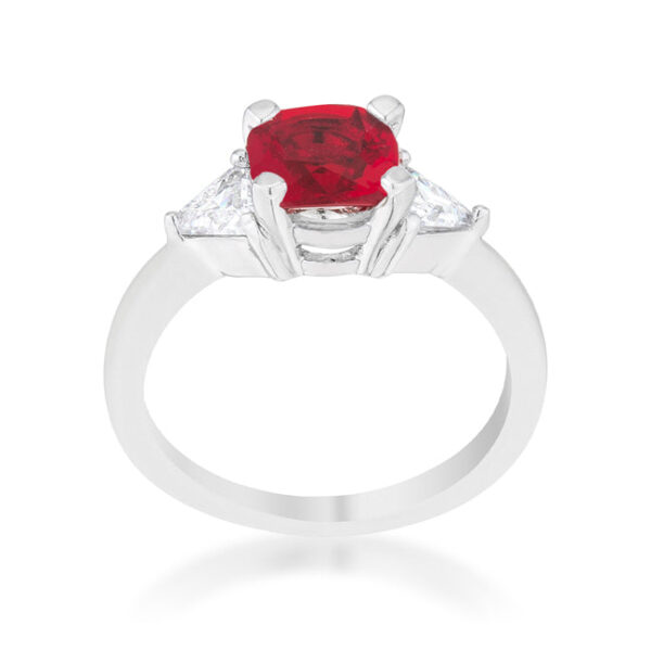 Garnet-colored cubic zirconia ring with cushion and trillion cuts held in prong settings