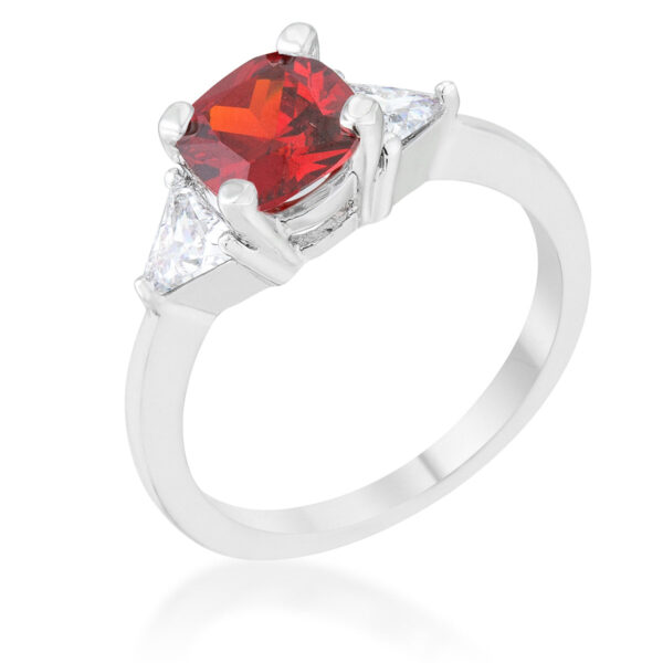 Ruby-colored cubic zirconia ring with cushion and trillion cuts in prong settings, rhodium plated over lead free alloy (brass).
