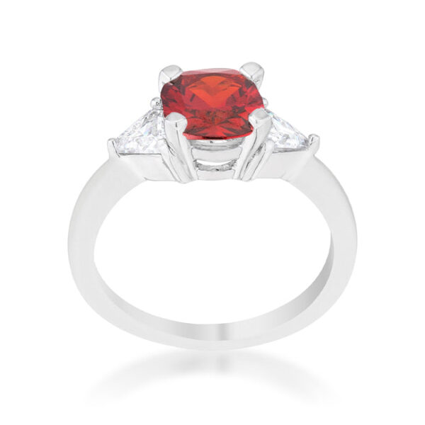 Ruby-colored cubic zirconia in cushion and trillion cuts on a rhodium plated over lead free alloy (brass) ring.