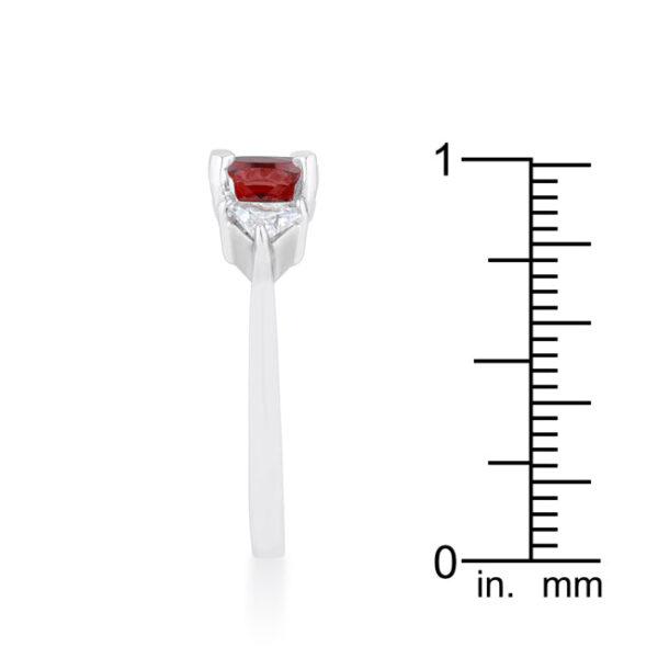 Ruby-colored cubic zirconia ring with 1.8 ct total carat weight, rhodium plated over lead free alloy (brass).