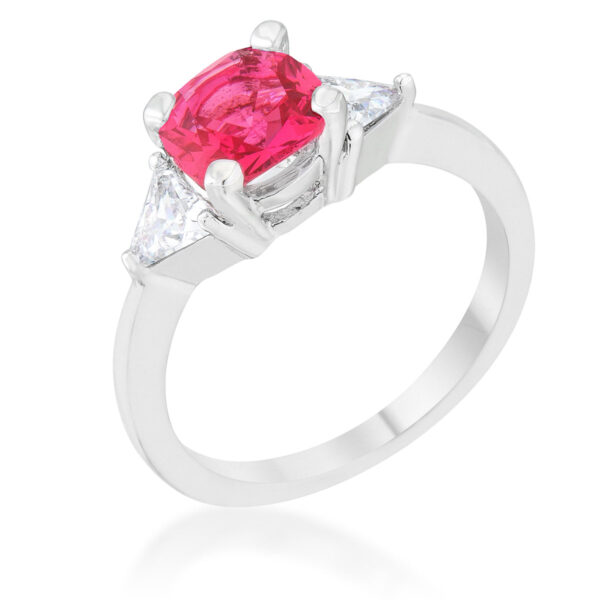 Clear cushion and trillion cut cubic zirconia ring in a prong setting, rhodium plated over lead free alloy (brass).