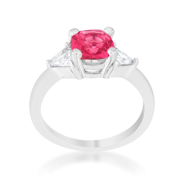 Cubic zirconia ring with a prong setting, cushion and trillion cuts, and rhodium plated over lead free alloy (brass).