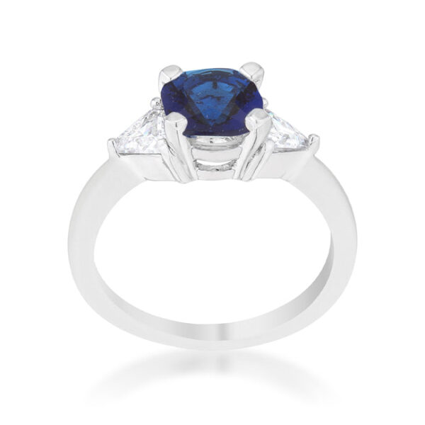 Sapphire-colored cubic zirconia ring in a prong setting, rhodium plated over lead free alloy (brass).