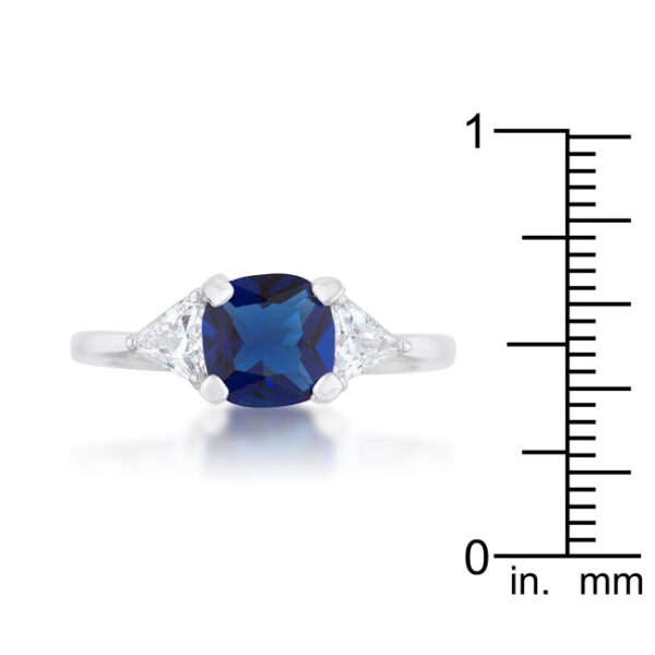 Rhodium plated over lead free alloy (brass) ring with sapphire-colored cubic zirconia.