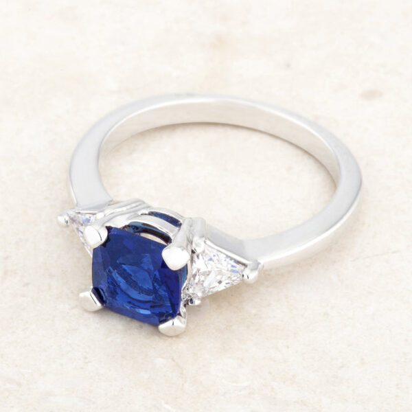 Classic sapphire-colored cubic zirconia ring, rhodium plated over lead free alloy (brass).