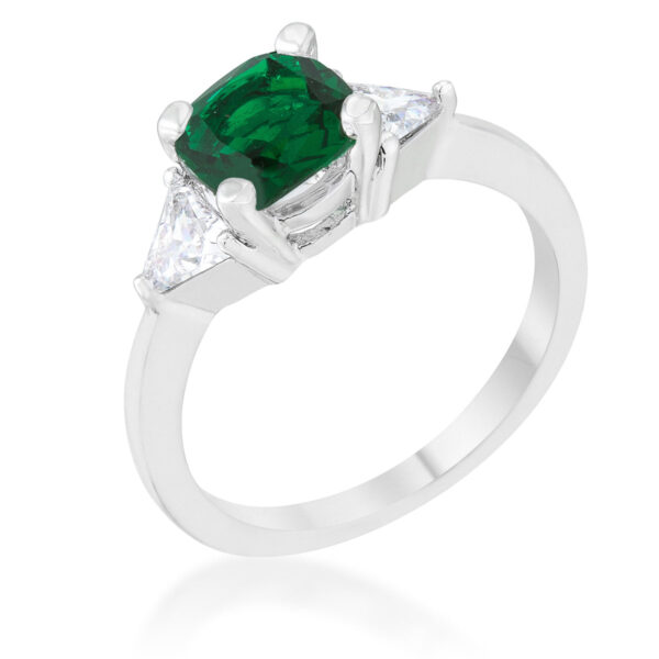 Cushion cut emerald-colored CZ statement ring in rhodium plated finish, front view